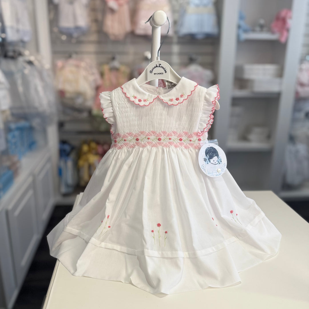 Sarah Louise White & Pink Smocked Bodice Dress 013576