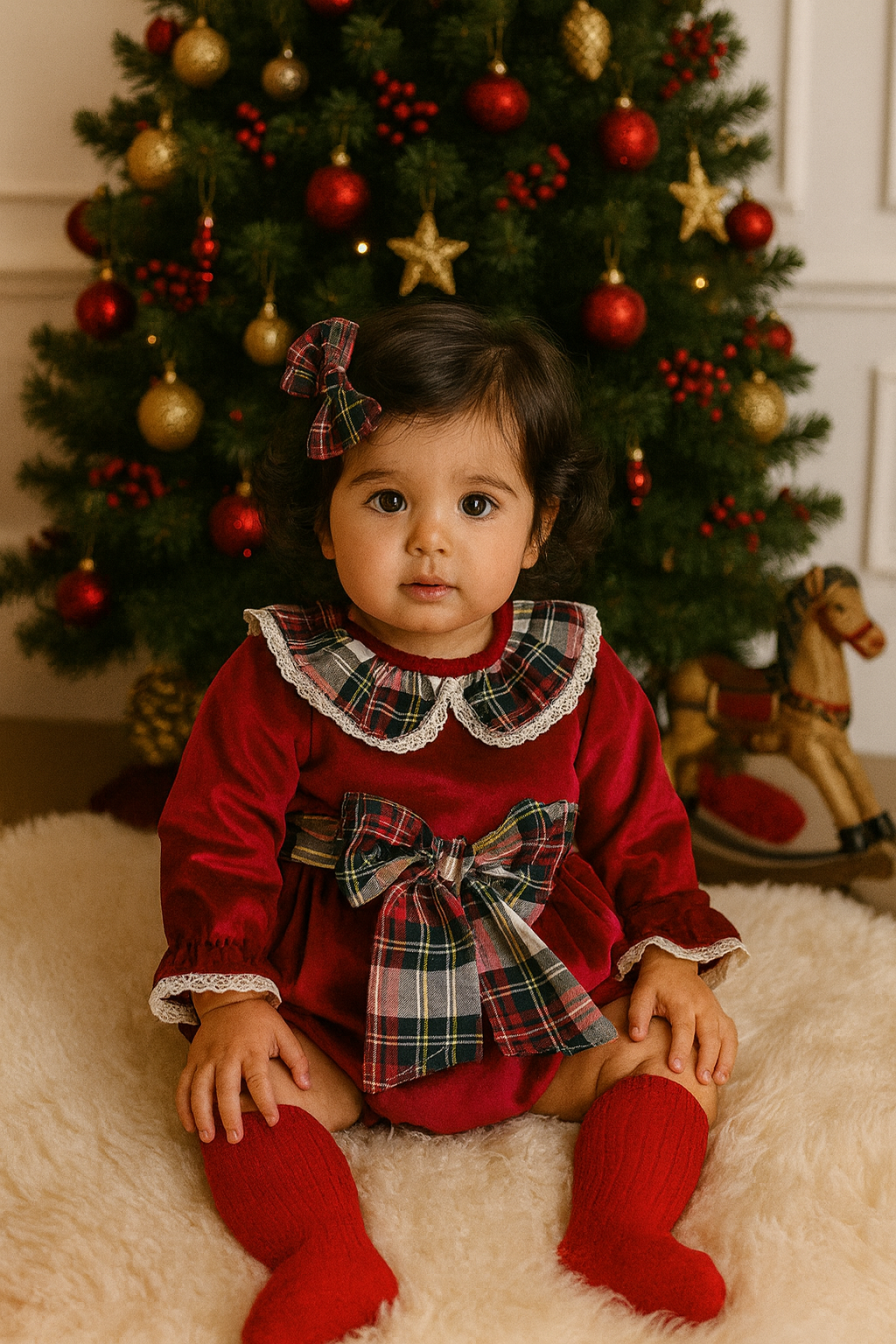 Fofettes Be Chic Girls Red Velvet Tartan Romper