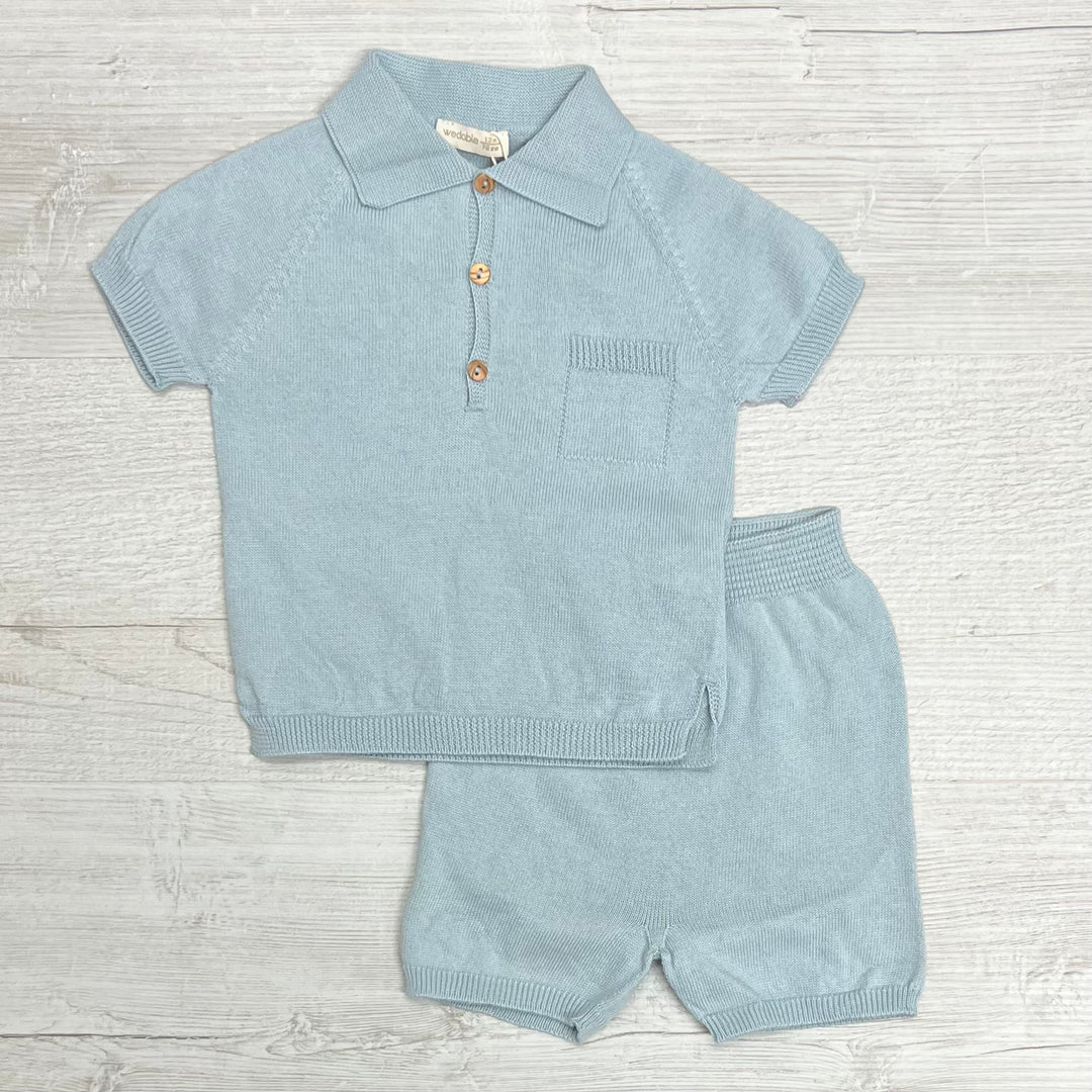 Wedoble Boys Blue Knitted Polo Short Set V2310319AB
