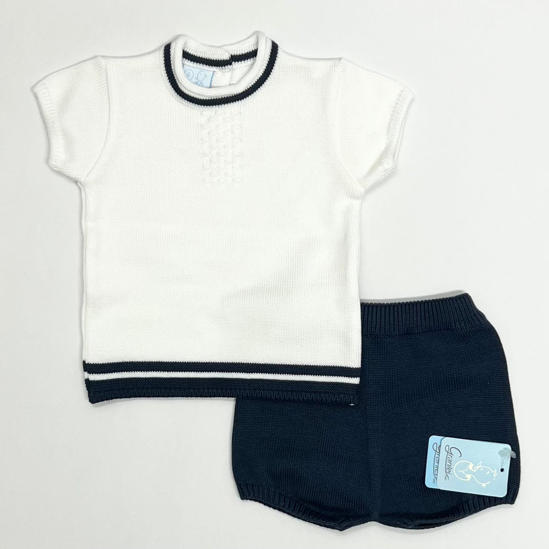 Granlei White And Navy Round Neck Fine Knitted Short Set 123-314WN
