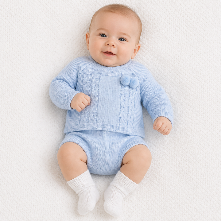 SARDON BABY BOYS BLUE KNITTED POM POM JAM PANT SET 732