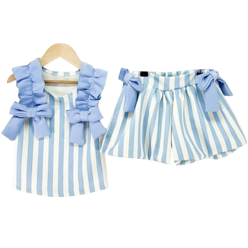 Darcie Girls Blue Bow Stripe Short Set