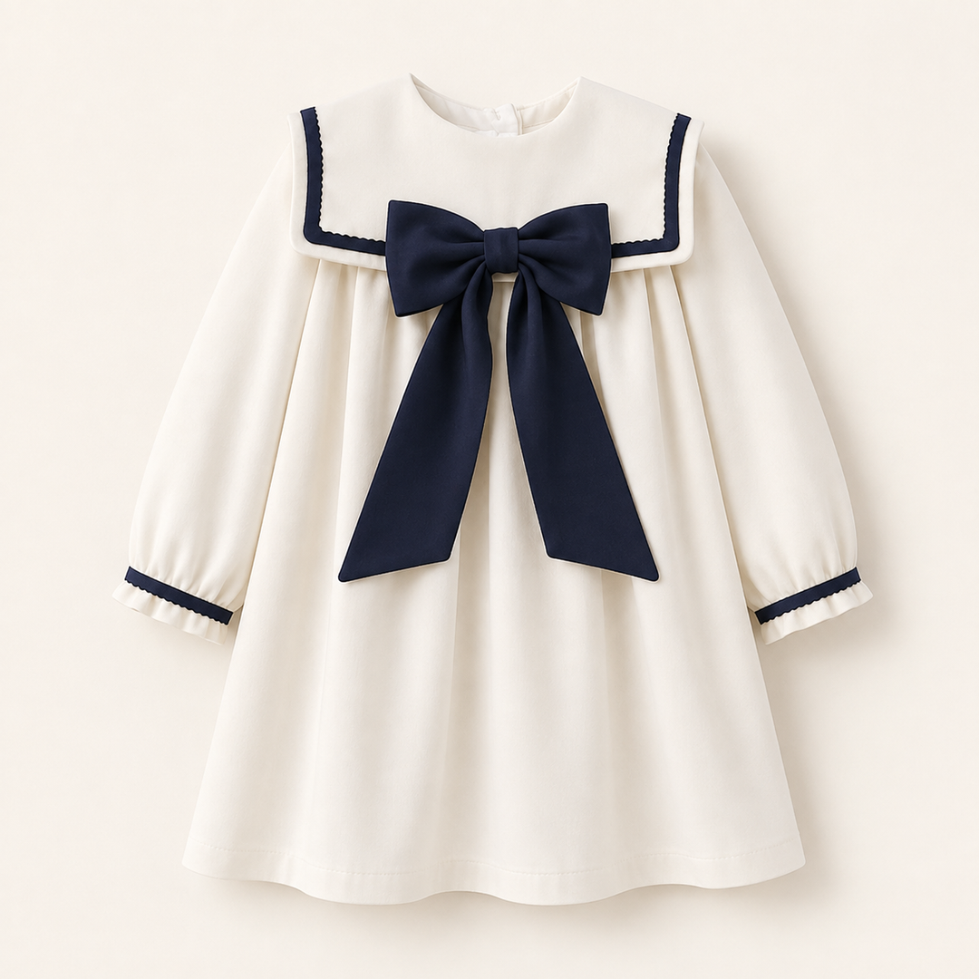 PRE ORDER BE CHIC IVORY & NAVY BOW VELVET BOW DRESS 802DBW