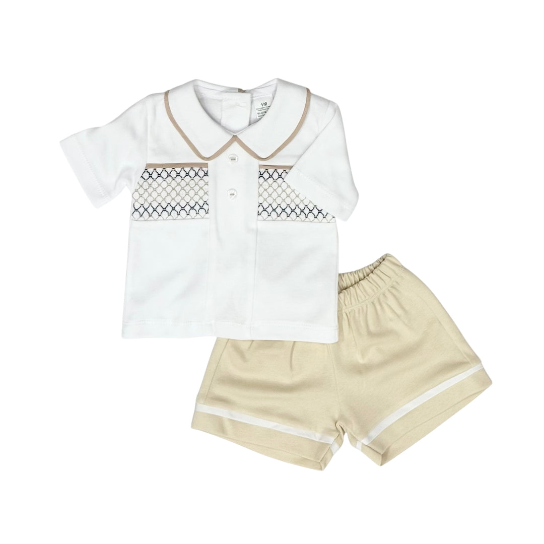 Baby Boys White & Beige Smocked Short Set LBSG111