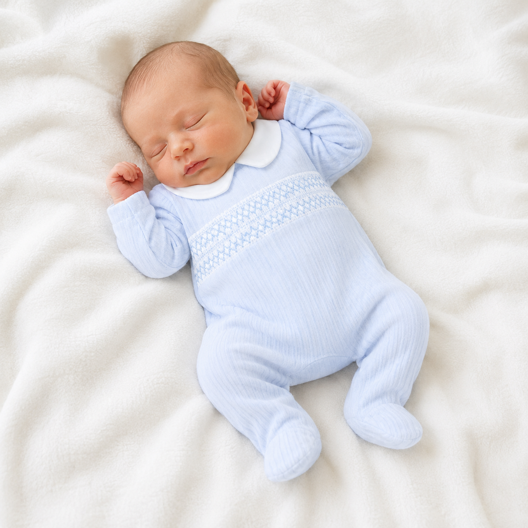 DEOLINDA BLUE VELOUR SMOCKED BABYGROW DB126106