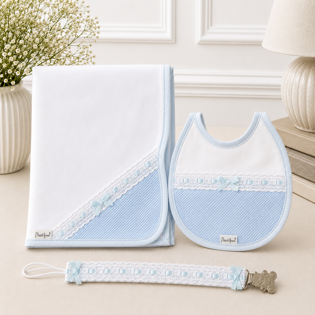 BABY BIB BLANKET & DUMMY CLIP  SET BLUE F12