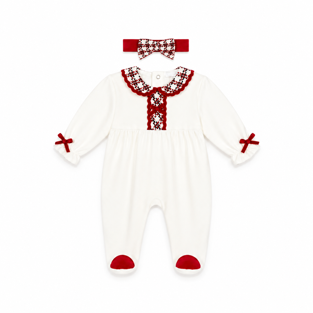 PRE ORDER DEOLINDA CHIC RED CHECKED VELOUR BABYGROW & HEADBAND CD126037