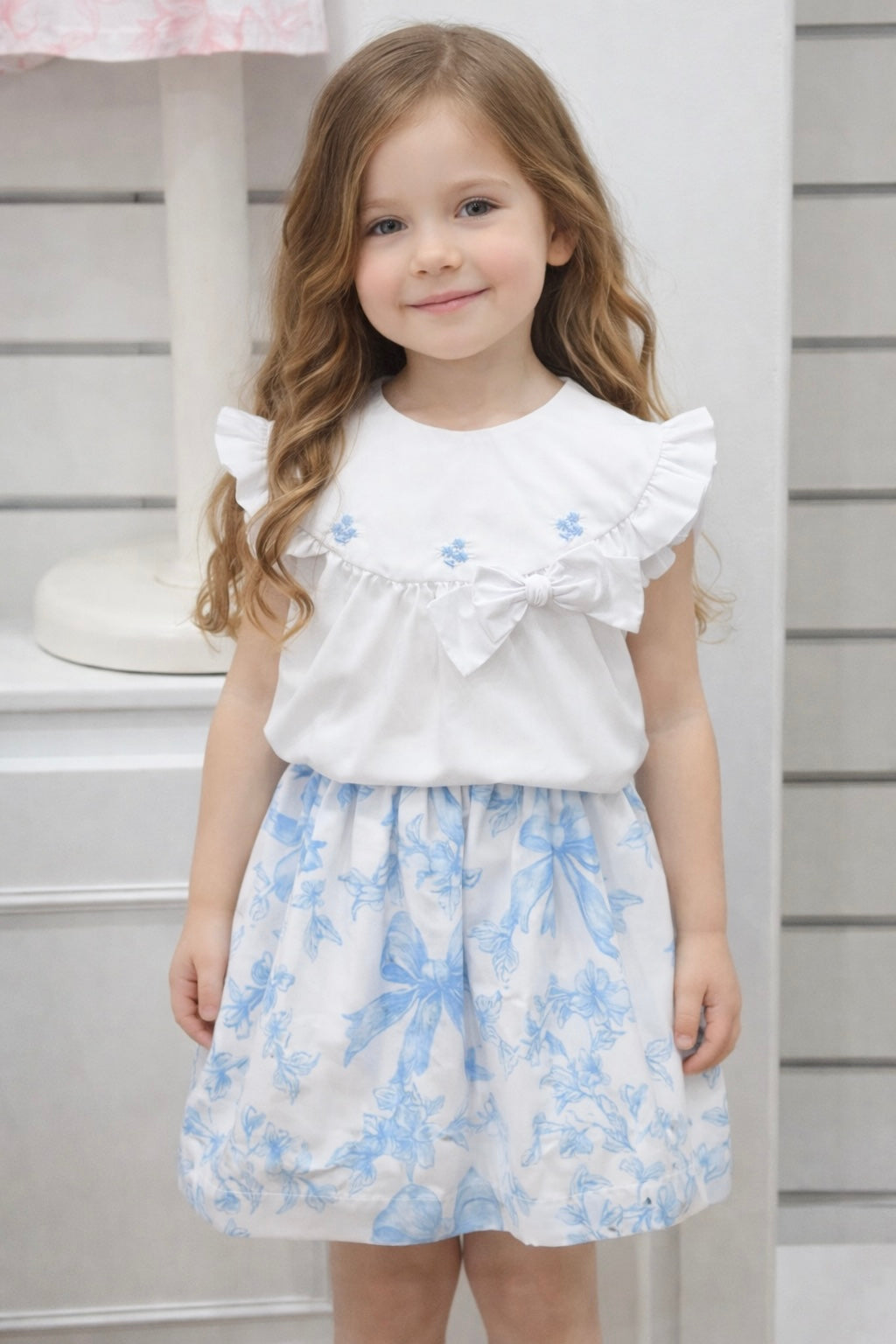 Fofettes Be Chic Girls Blue Bow Blouse & Skirt Set 605BL/606SK