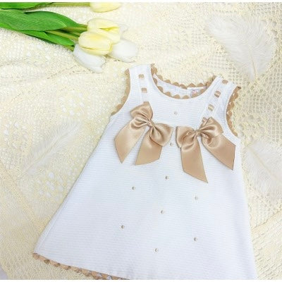 Baby Girls White & Camel Bow Dress LB8602C