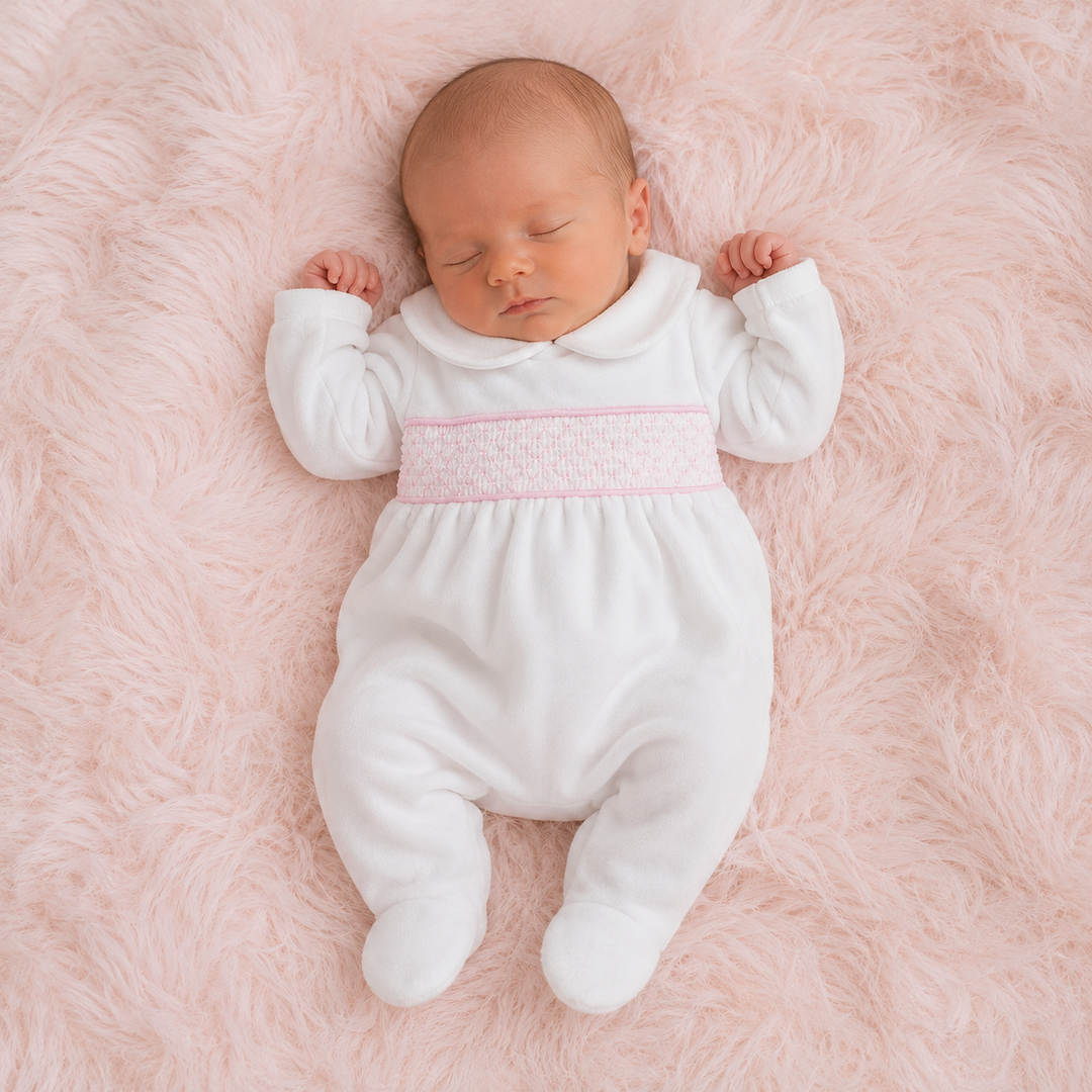 SARDON BABY SMOCKED PINK & WHITE BABYGROW 756