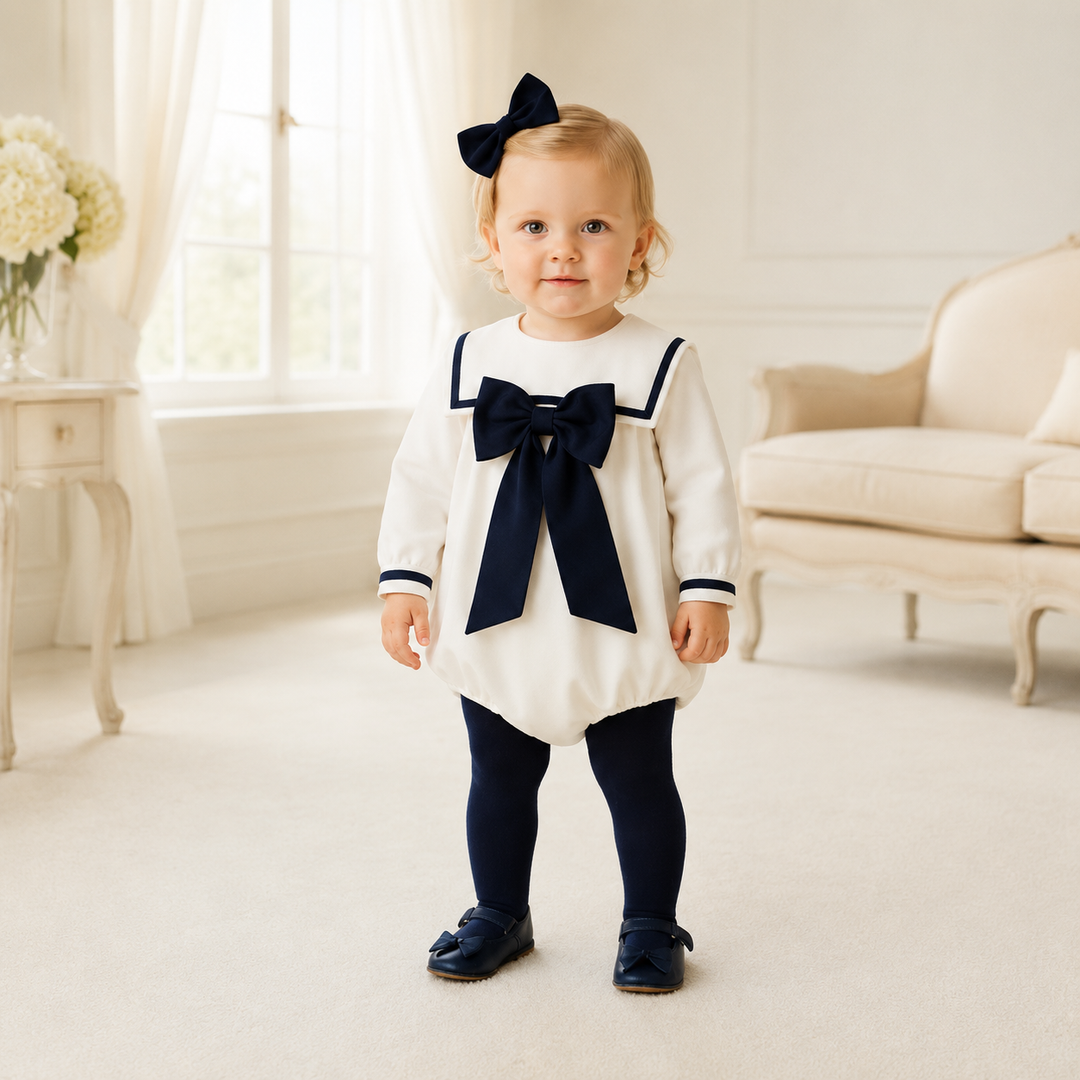 PRE ORDER BE CHIC GIRLS IVORY & NAVY VELVET BOW ROMPER 802RBW