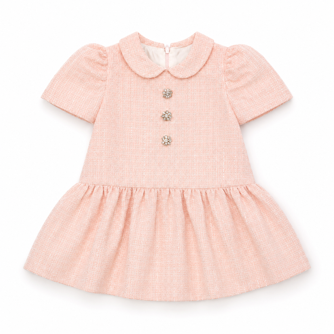 DEOLINDA CHIC PINK TWEED DIAMANTE BUTTON DRESS CD126019