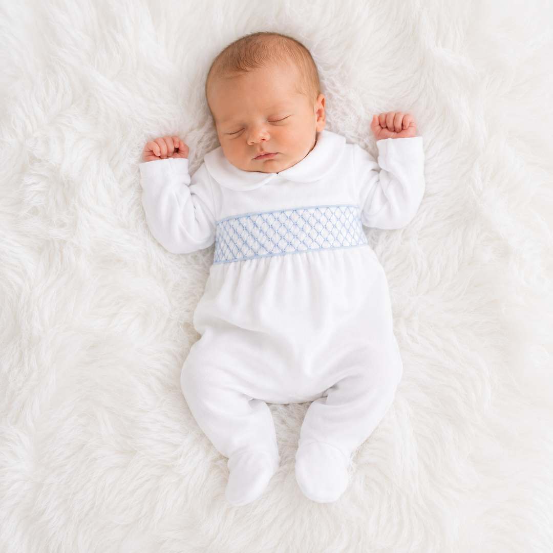 SARDON BABY SMOCKED BLUE & WHITE BABYGROW 756