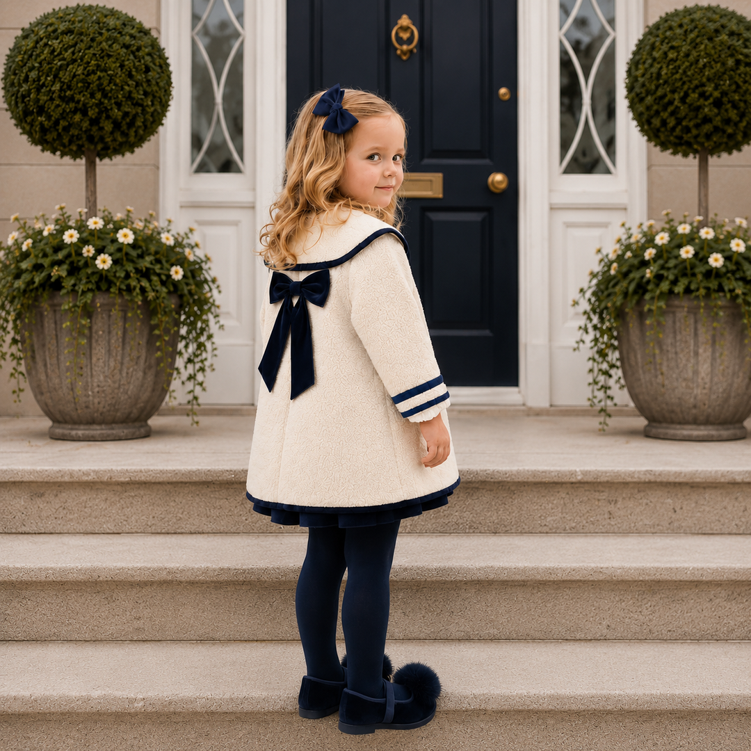 BE CHIC GIRLS IVORY & NAVY BOW BOUCLE COAT 819C