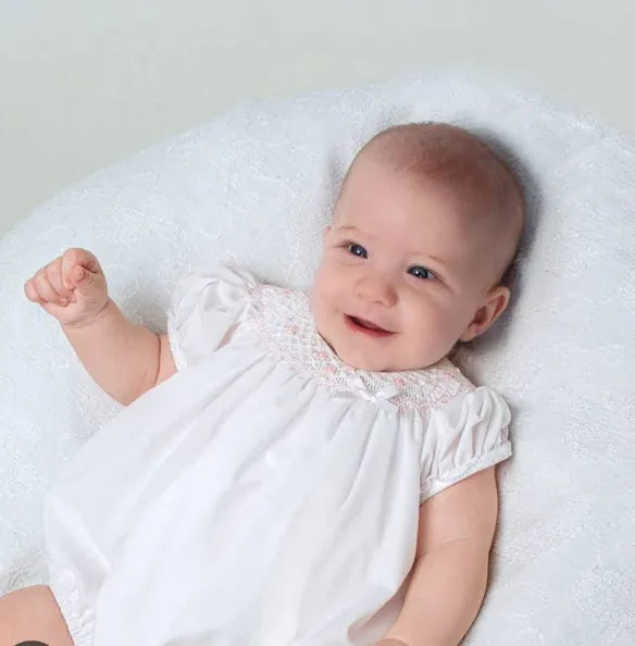 Sarah Louise Baby Girls White & Pink Bubble Smocked Romper C6004YS
