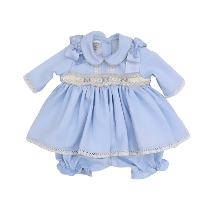 Pretty Originals Girls Blue Smocked Dress Bloomers & Hair Clip  MT02438E