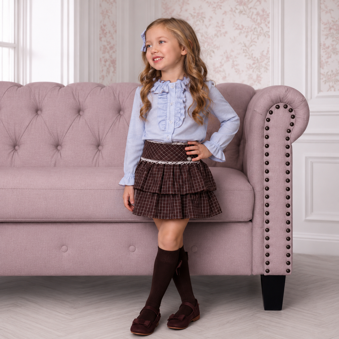 PRE ORDER Miranda Girls Brown Check Skirt & Blouse Set 2472