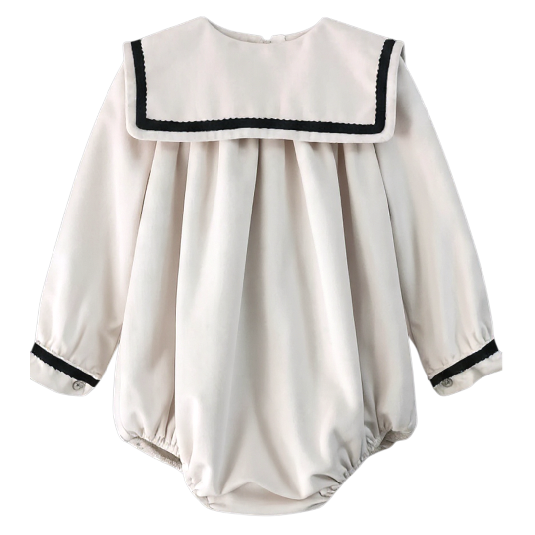 PRE ORDER BE CHIC UNISEX IVORY & NAVY VELVET ROMPER 802R