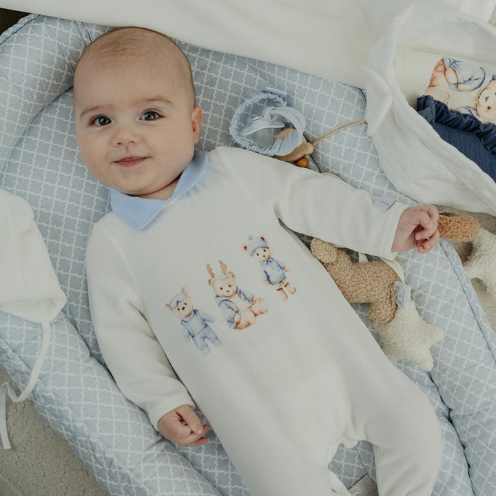 Jamiks Baby Boys Tibo Bear Ivory & Blue Babygrow