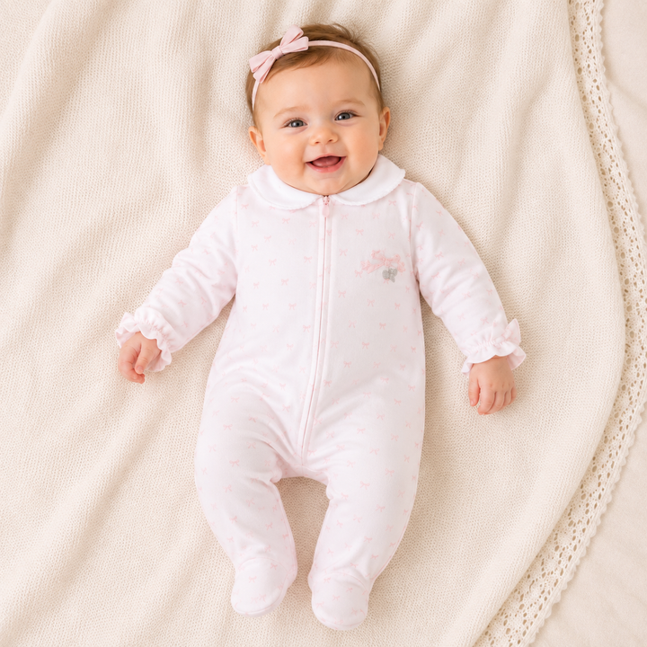 Deolinda Pink Zip Bow Print Babygrow DBV26113