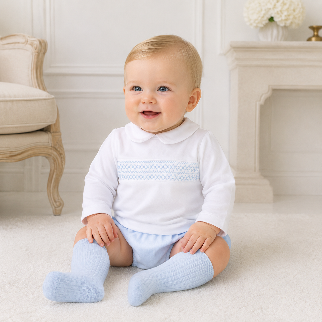 DEOLINDA BABY BOYS WHITE & BLUE SMOCKED JAM PANT SET DB126710