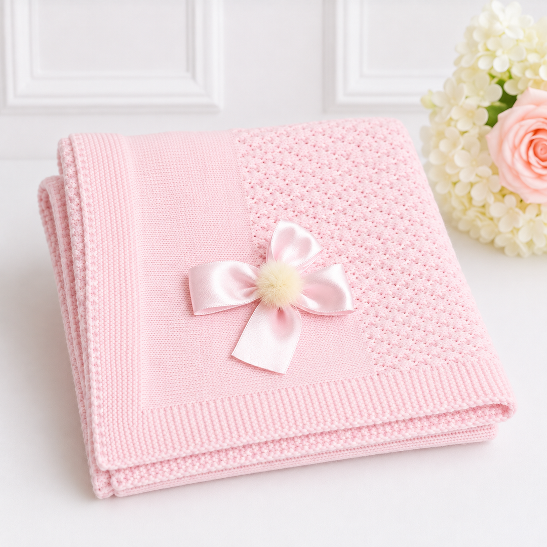 SARDON PINK KNITTED POM POM BOW SHAWL 860