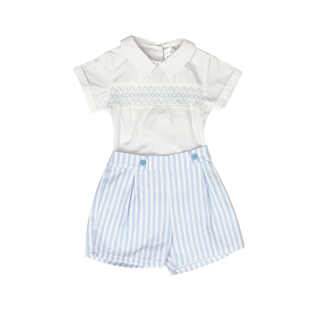 Baby Boys White & Blue Stripe Smocked Short Set LBMD863