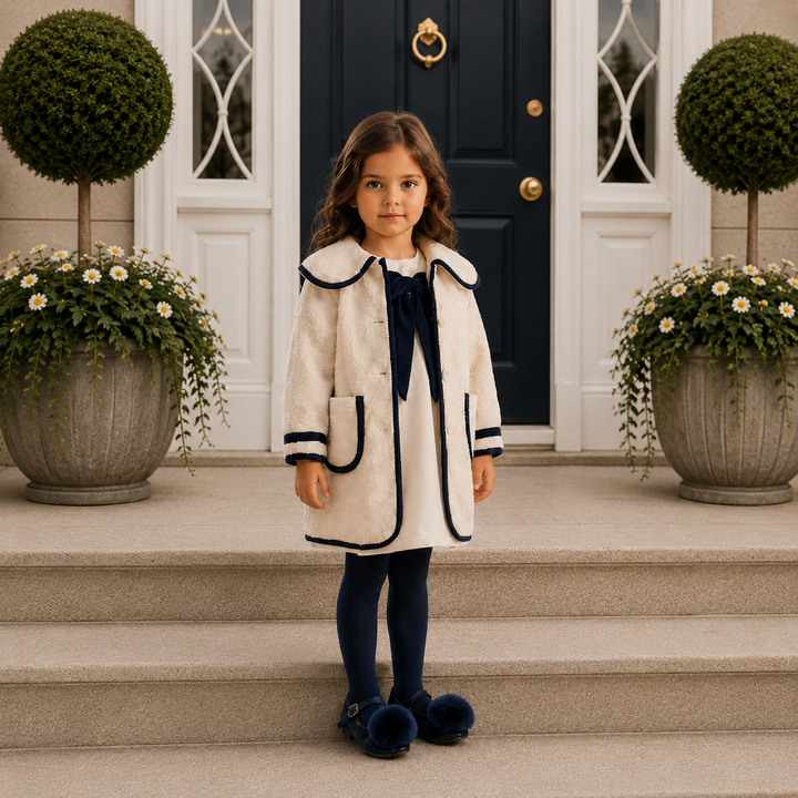 BE CHIC GIRLS IVORY & NAVY BOW BOUCLE COAT 819C