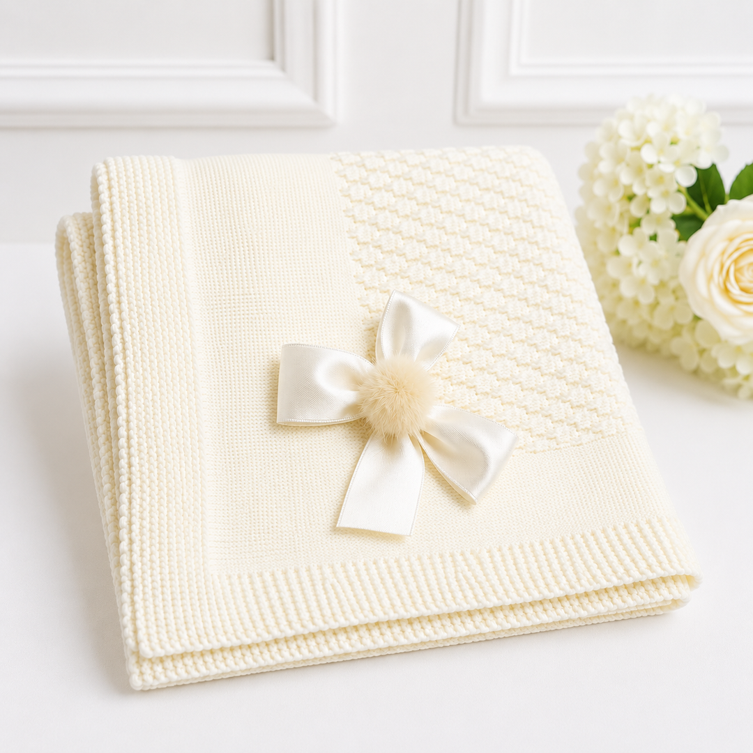 SARDON KNITTED CREAM POM POM BOW SHAWL 860