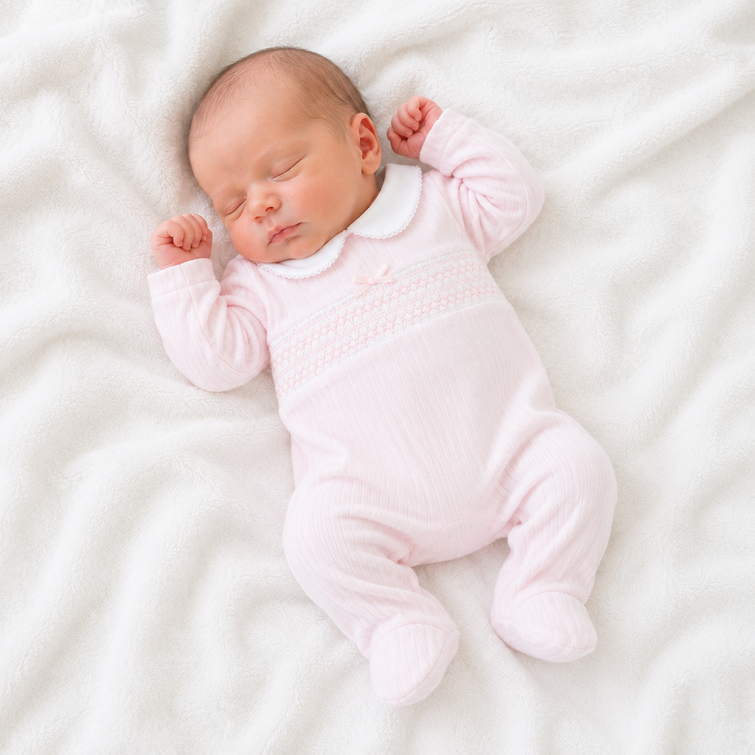DEOLINDA PINK VELOUR SMOCKED BABYGROW DB126106