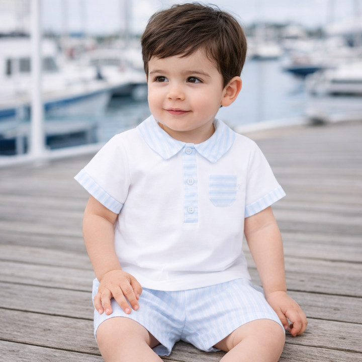PRE ORDER Deolinda Boys Blue & White Stripe Polo Short Set 26611