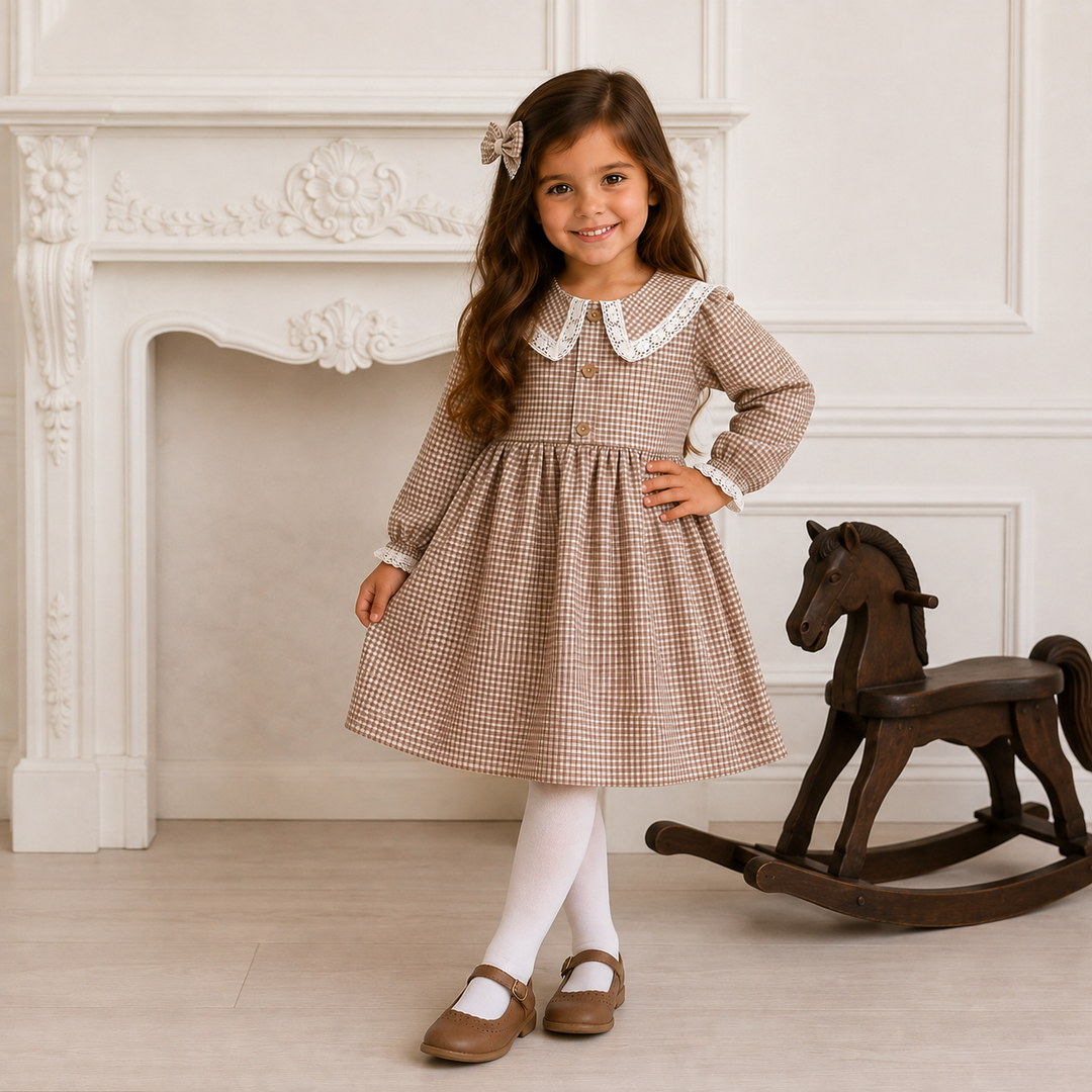 RAPIFE GIRLS BROWN CHECKED DRESS & HAIRBOW 4545