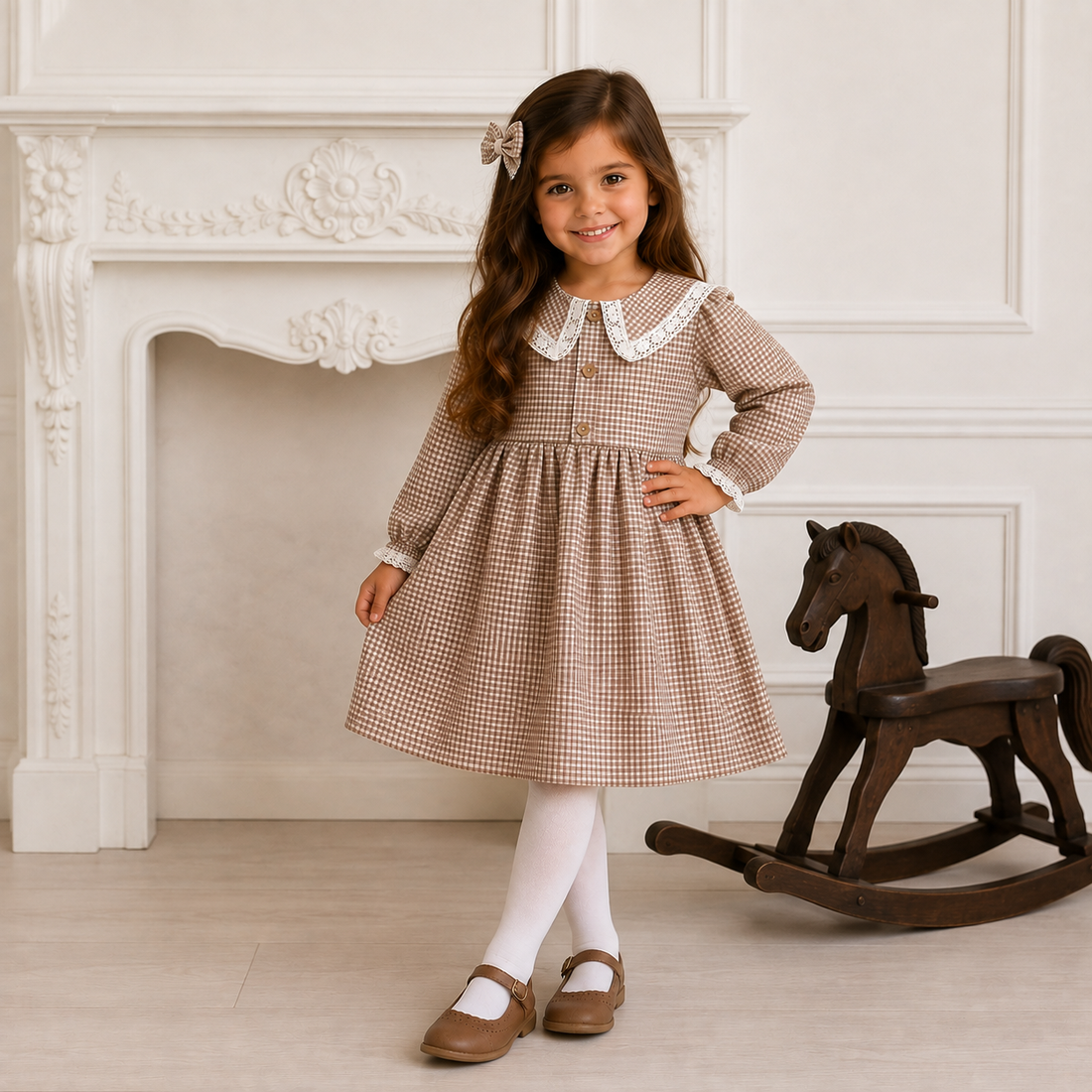 RAPIFE GIRLS BROWN CHECKED DRESS & HAIRBOW 4545