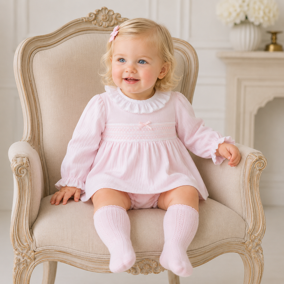 DEOLINDA BABY GIRLS PINK SMOCKED DRESS & KNICKERS DB126304