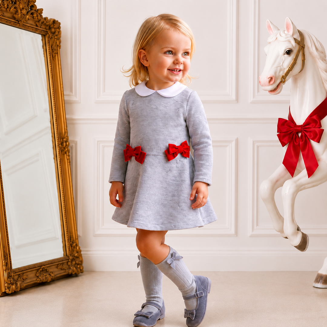 PRE ORDER MIRANDA BABY GIRLS GREY & RED BOW DRESS 153V