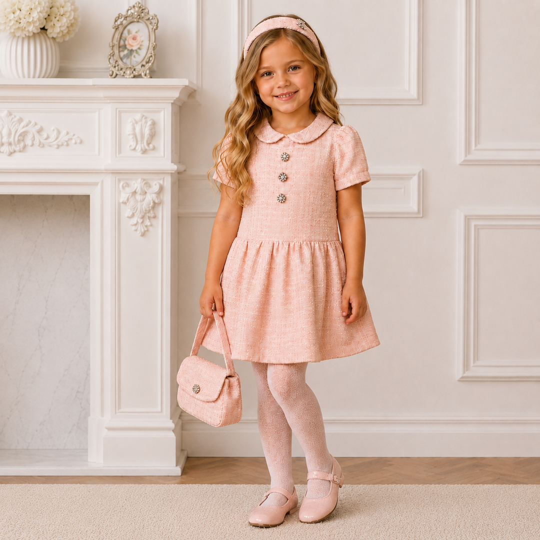 DEOLINDA CHIC PINK TWEED DIAMANTE BUTTON DRESS CD126019