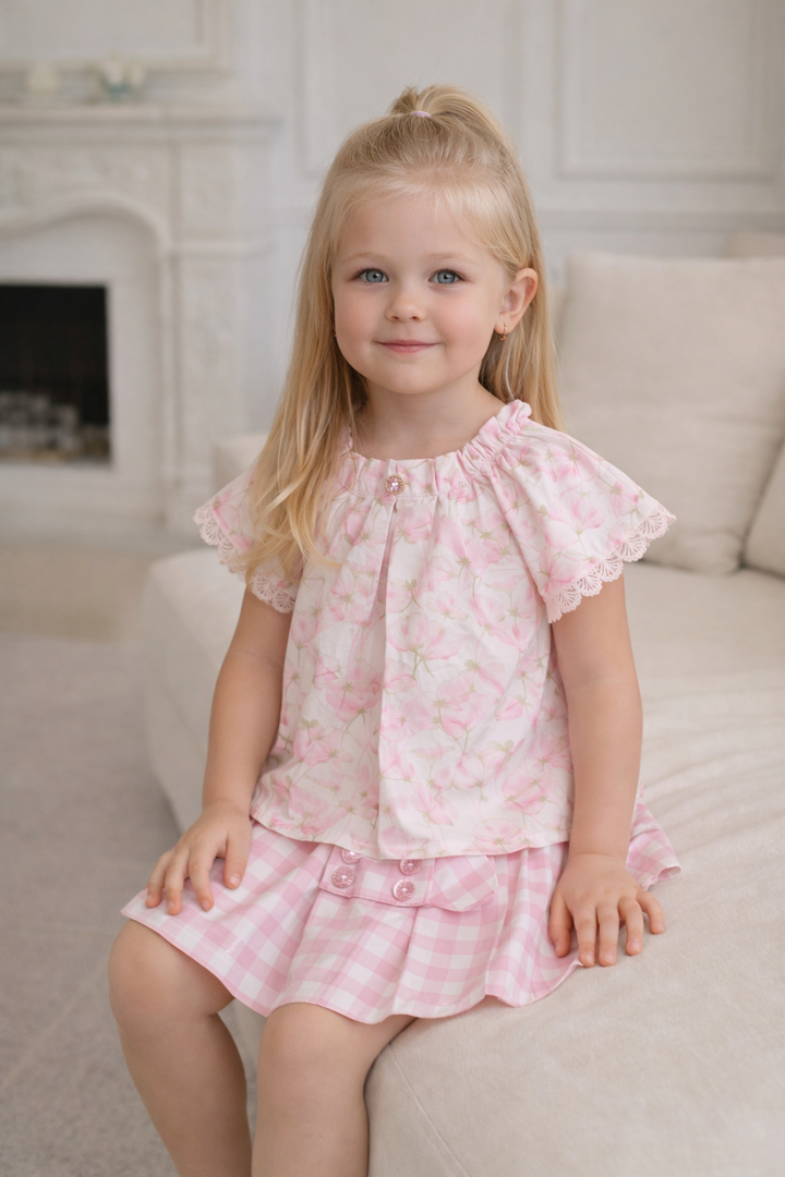 PRE ORDER Miranda Girls Pink Floral Blouse & Gingham Skirt Set 233/2