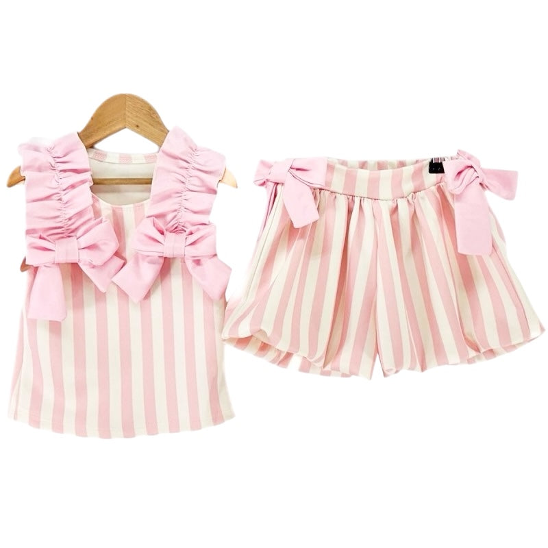 Darcie Girls Pink Bow Stripe Short Set