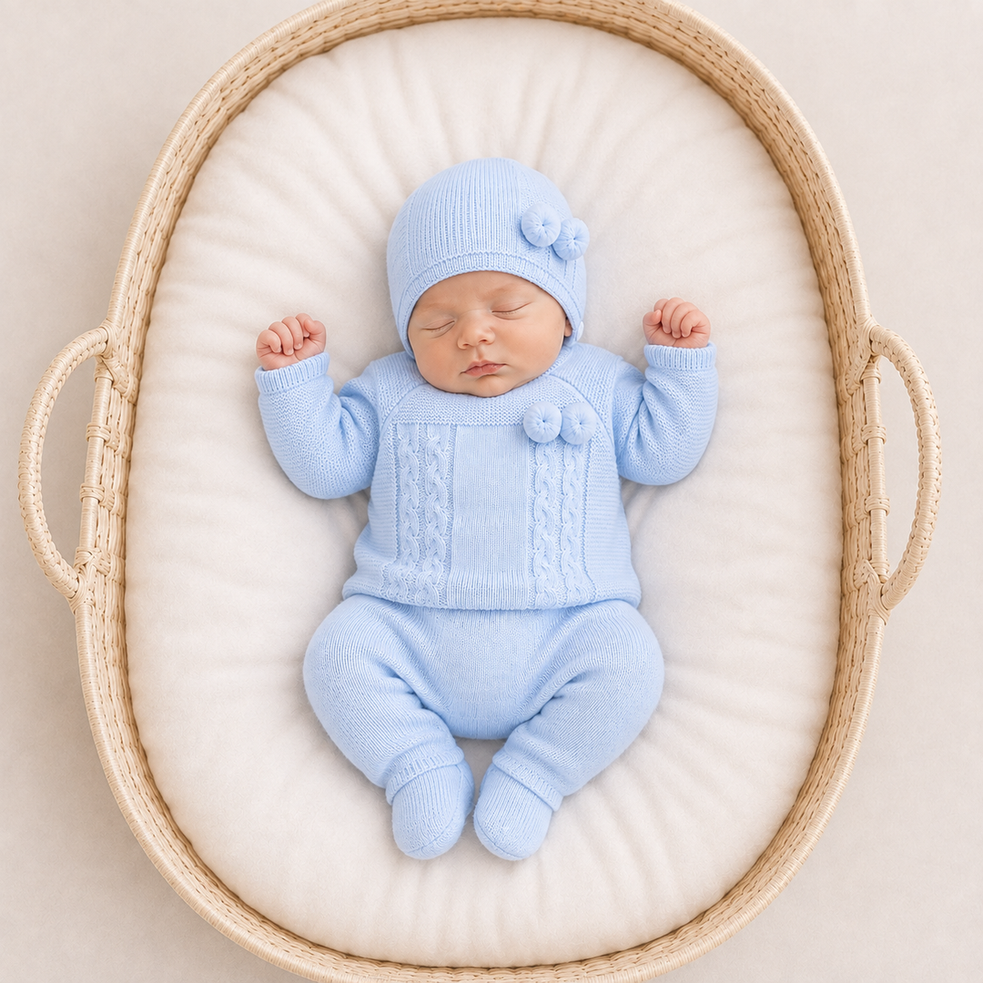 SARDON BABY BOYS BLUE 3 PIECE KNITTED POM POM SET 731