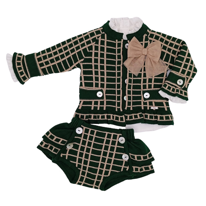 Rahigo Girls Bottle Green & Camel Knitted Three Piece Jam Pant Set 24203