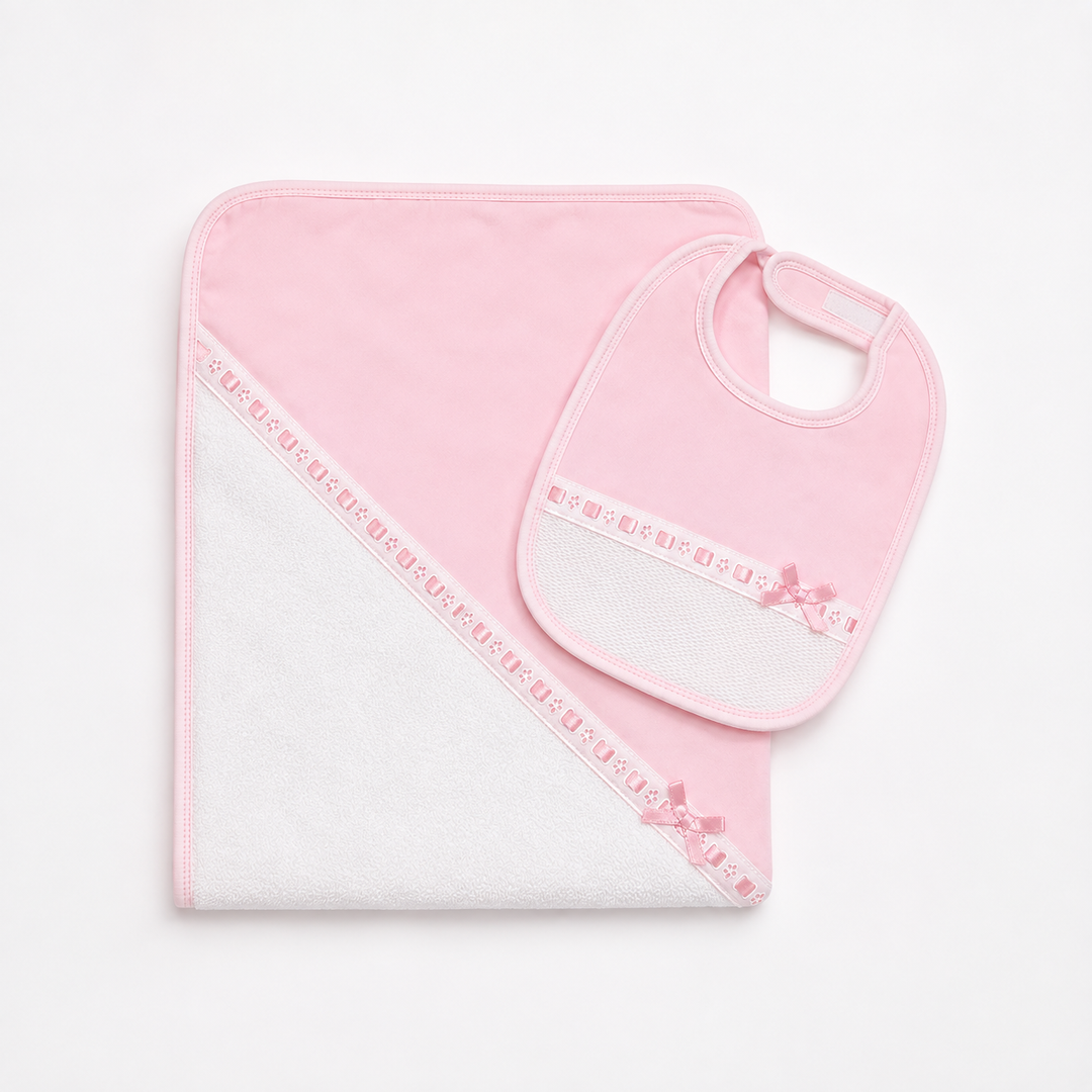 SARDON PINK & WHITE  RIBBON BIB & TOWEL SET 746