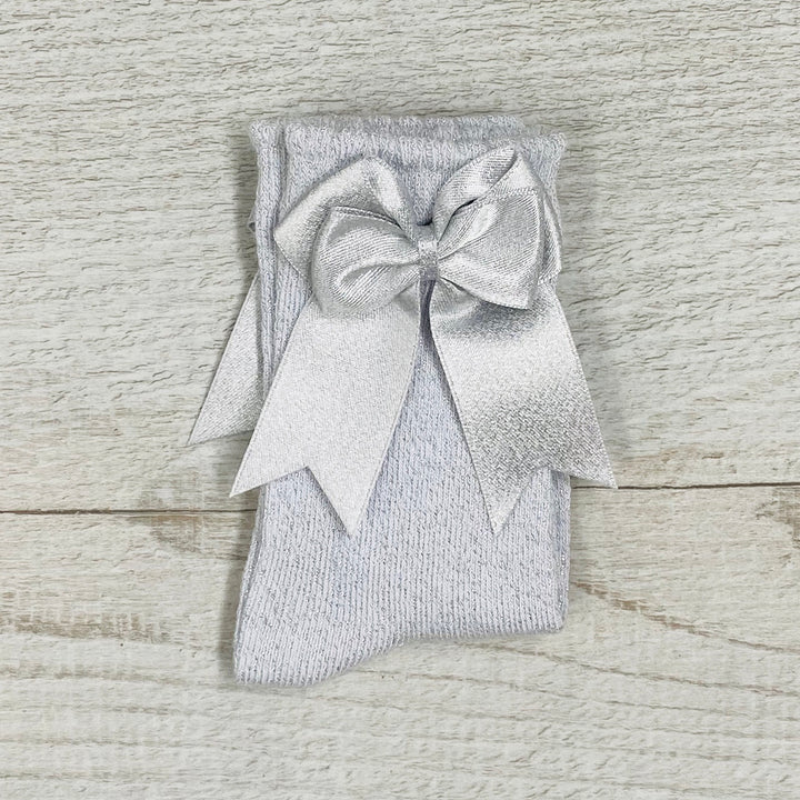 Tambino Light Grey Glitter Double Bow Knee High Socks