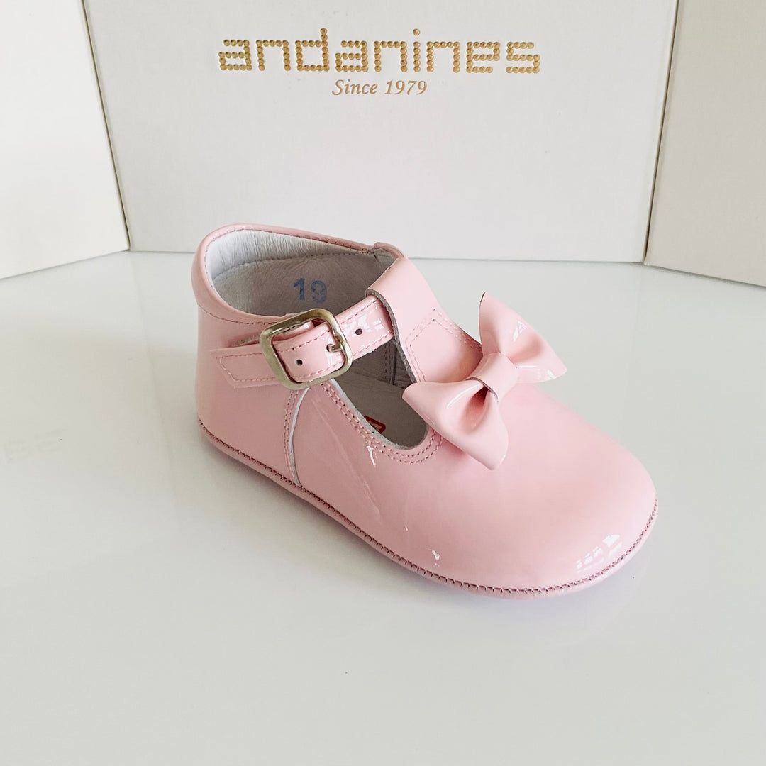 Andanines Pink Leather Patent Bow Pram Shoes 212033P