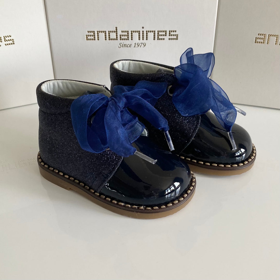 Andanines Leather Navy Patent Glitter Bow Boots 202845N