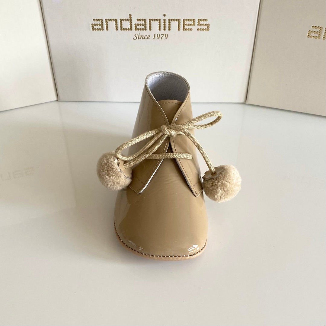 Andanines Camel Leather Patent Soft Sole Pram Pom Pom Boots 161045C