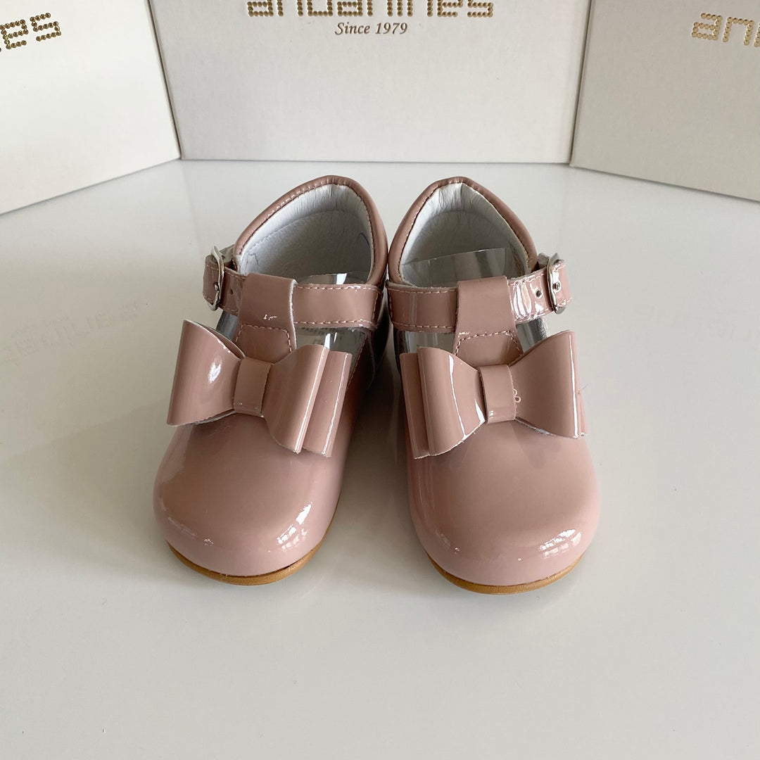 Andanines Leather Patent Dusky Pink Bow T-Bar Shoes 182810-17