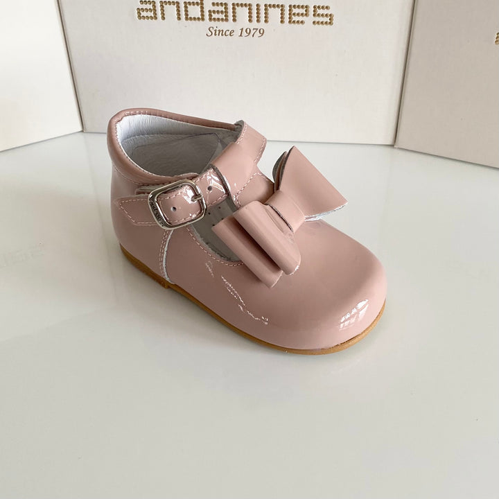 Andanines Leather Patent Dusky Pink Bow T-Bar Shoes 182810-17