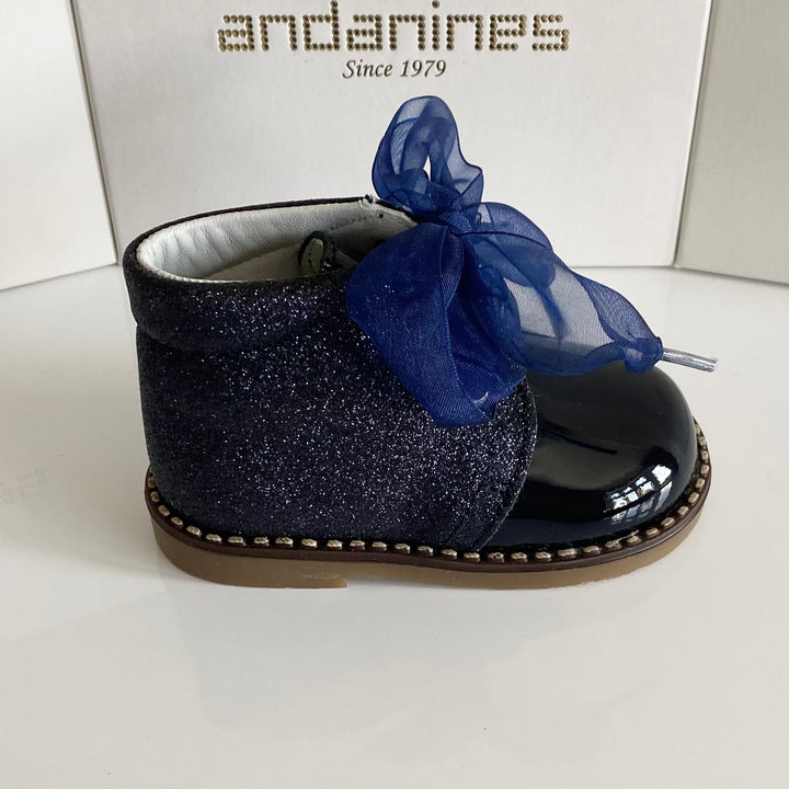 Andanines Leather Navy Patent Glitter Bow Boots 202845N