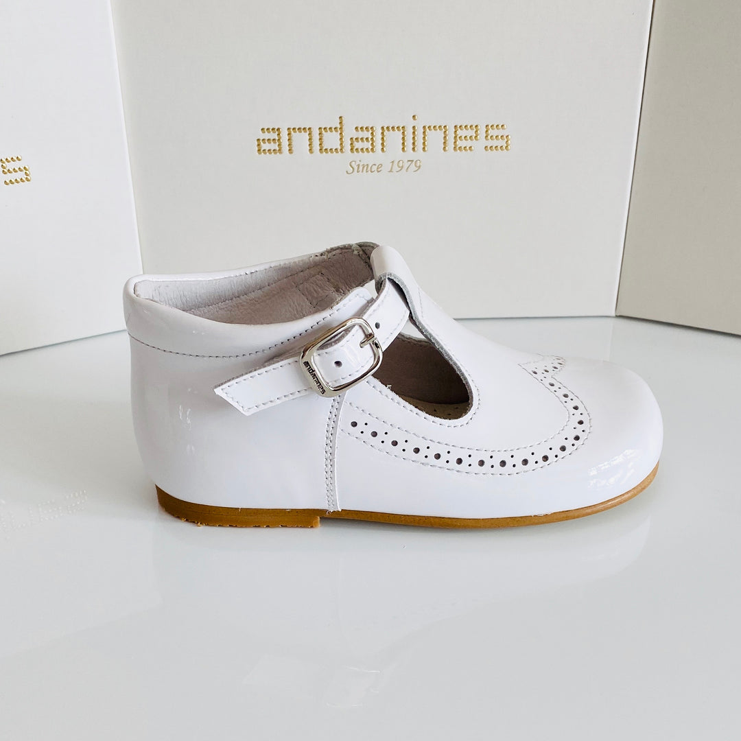 Andanines White Unisex Patent Leather T-Bar Shoes A71134W