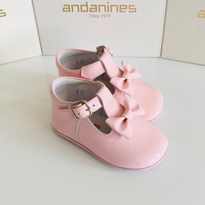 Andanines Pink Leather Patent Bow Pram Shoes 212033P